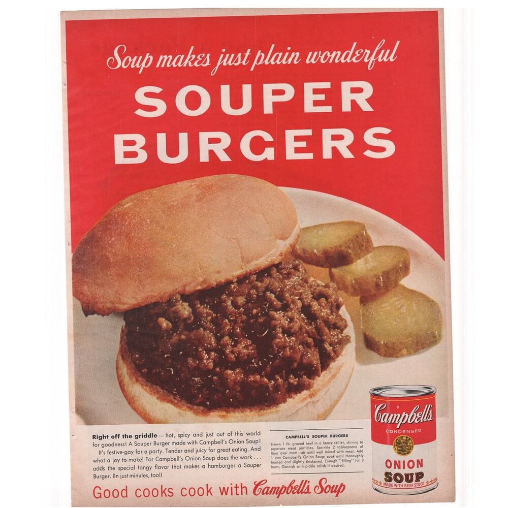 Campbells Souper Burger Magazine Advertisement 1957 Vintage Onion Soup Recipe